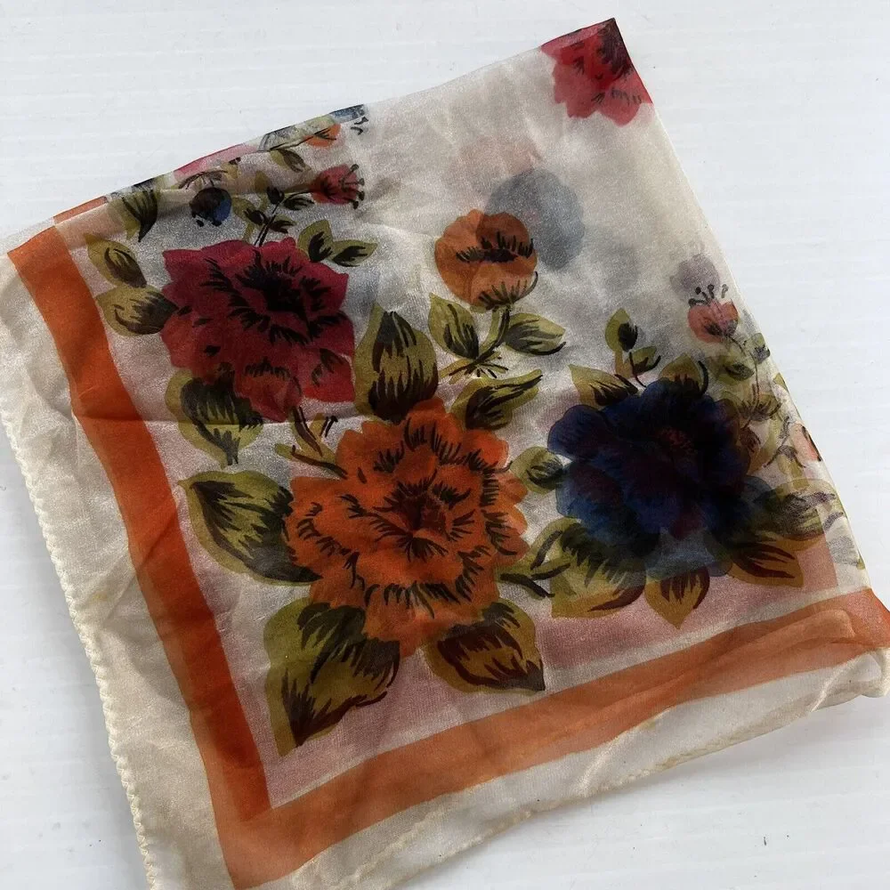 Vintage Semi Sheer Scarf Floral Rust Blue Cream 28